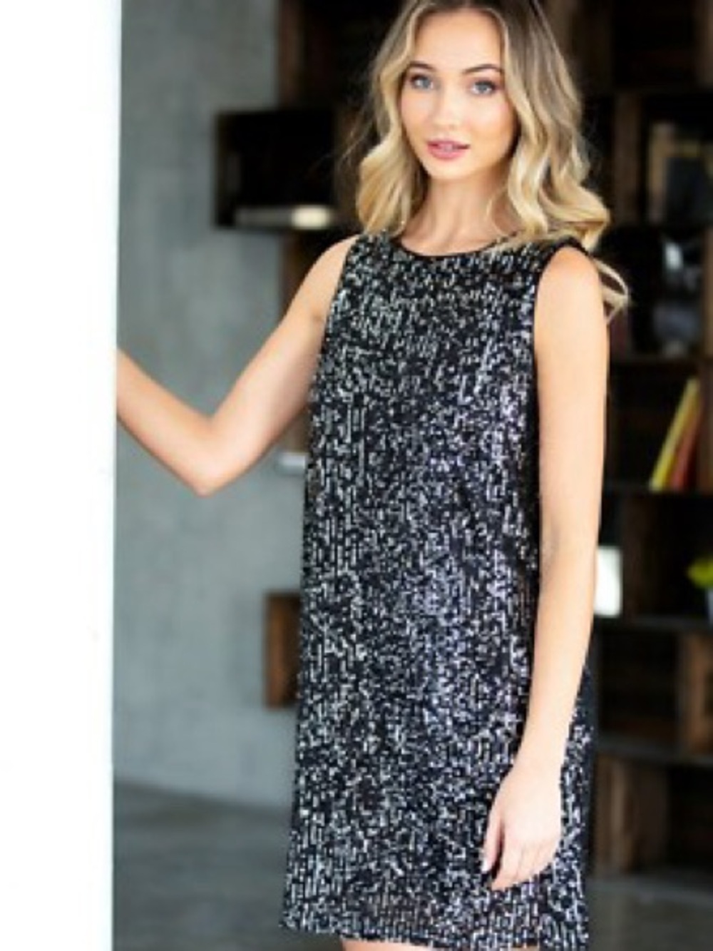 She + Sky Black Sequin Mini Dress - Sleeveless Shift EUC Large